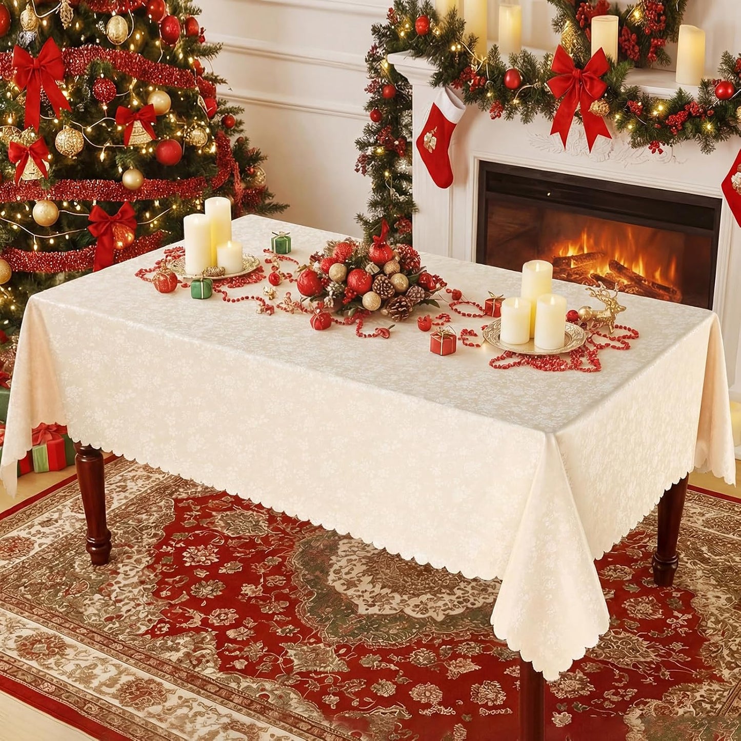 60" x 84" Waterproof Vinyl Tablecloth - Heavy Duty Floral Embossed Table Cover with Scalloped Edges for Kitchen & Dining