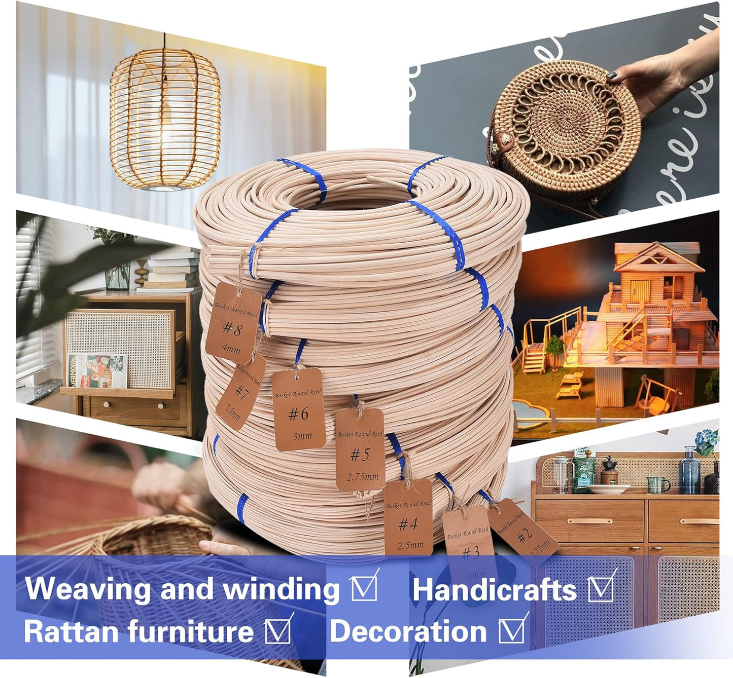 Basket Round Reed #4 2.5mm 1-Pound Coil Basket Weaving Cane for Chair Making and Wicker Weaving DIY Furniture Making Supplies