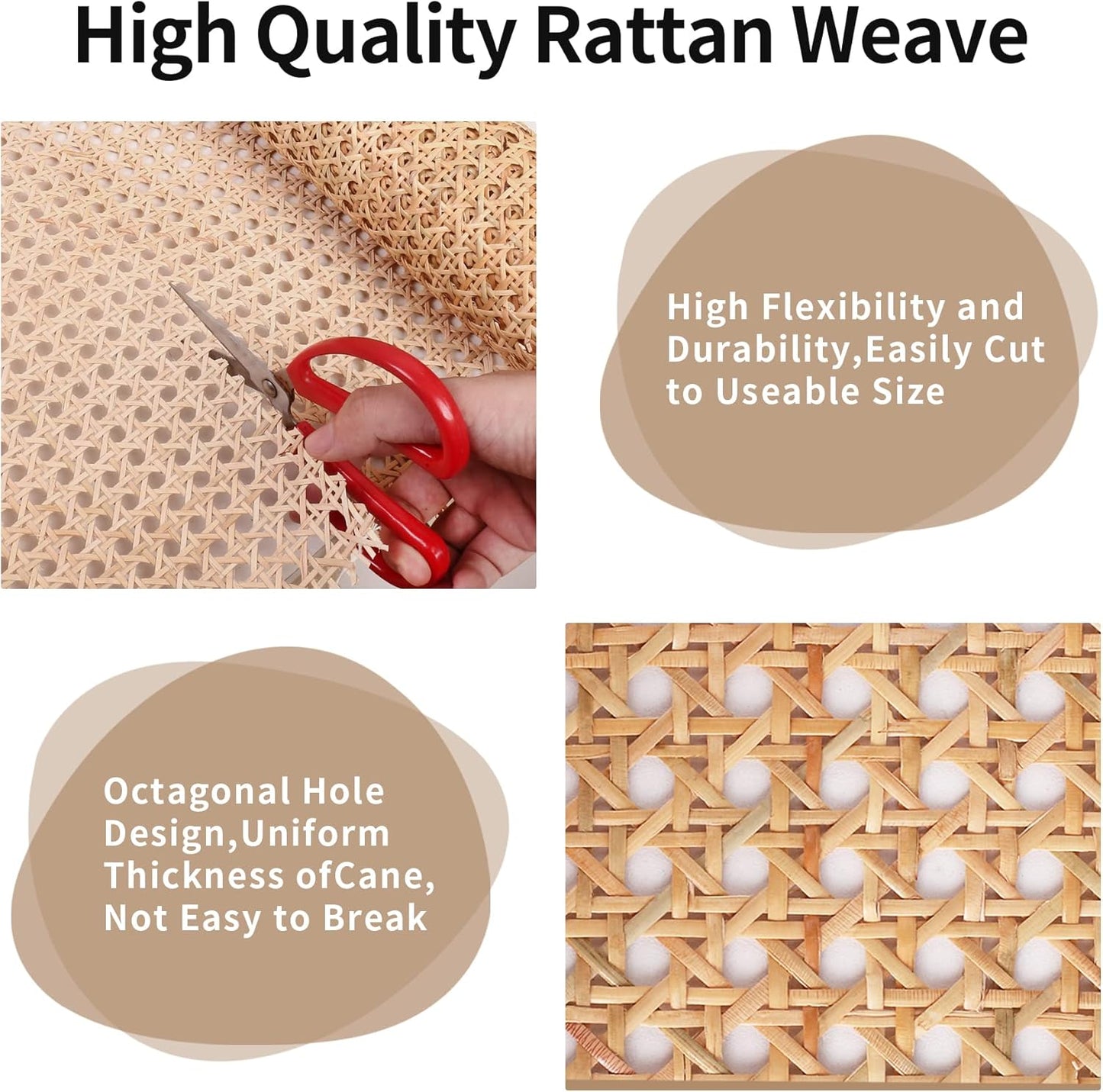 24" Width Natural Cane Webbing 5Feet, Rattan Webbing Roll for Caning Projects, Woven Open Mesh Cane for Furniture, Chair, Cabinet, Ceiling, Bed,Repair