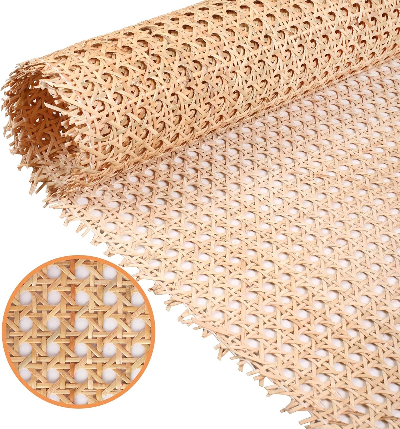 Real Natural Rattan Cane Webbing with Boho Radio Weave Open-work and 1/2 Inch Holes, cuttable woven cane sheet featuring hexagon pattern, ideal for cabinet fronts, headboards and chair repair, 24 Inch x 48 Inch..
