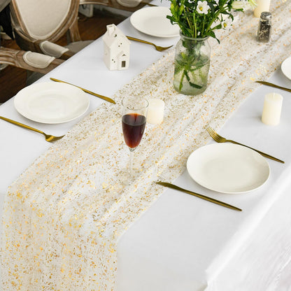 120" Long Glitter Metallic Gold Gauze Table Runner - 28" x 120" Sheer Foil Table Decor for Weddings, Anniversaries, and Holidays