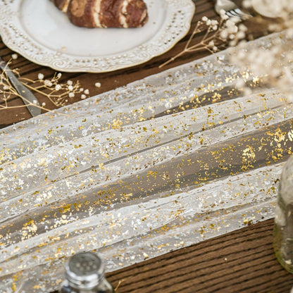 120" Long Glitter Metallic Gold Gauze Table Runner - 28" x 120" Sheer Foil Table Decor for Weddings, Anniversaries, and Holidays