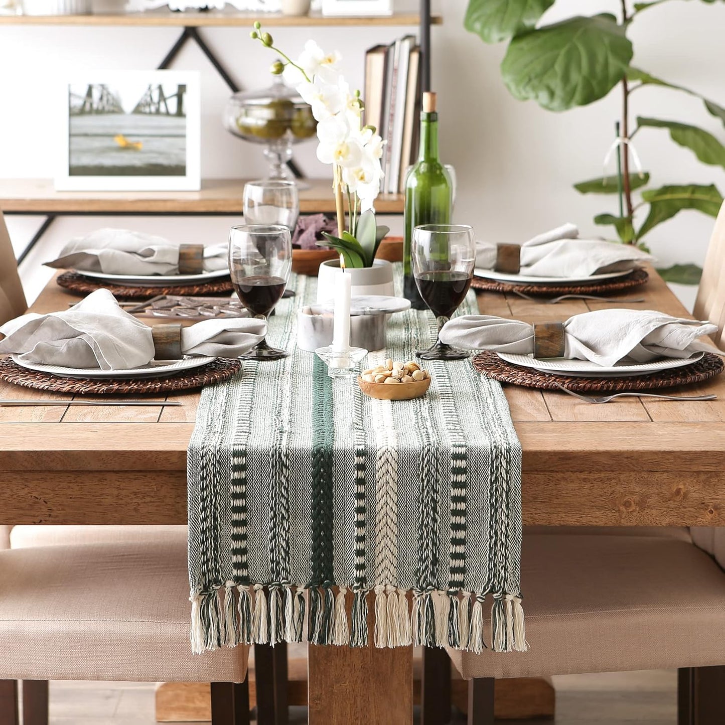 72" Farmhouse Braided Stripe Table Runner - 100% Cotton Woven Runner with Macrame Fringe for 4-6 People