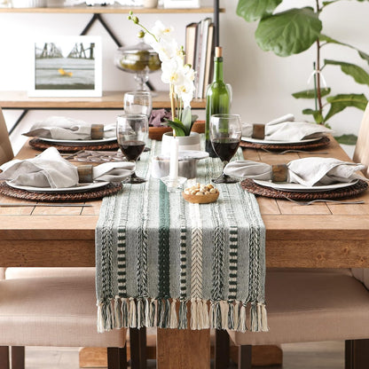 72" Farmhouse Braided Stripe Table Runner - 100% Cotton Woven Runner with Macrame Fringe for 4-6 People