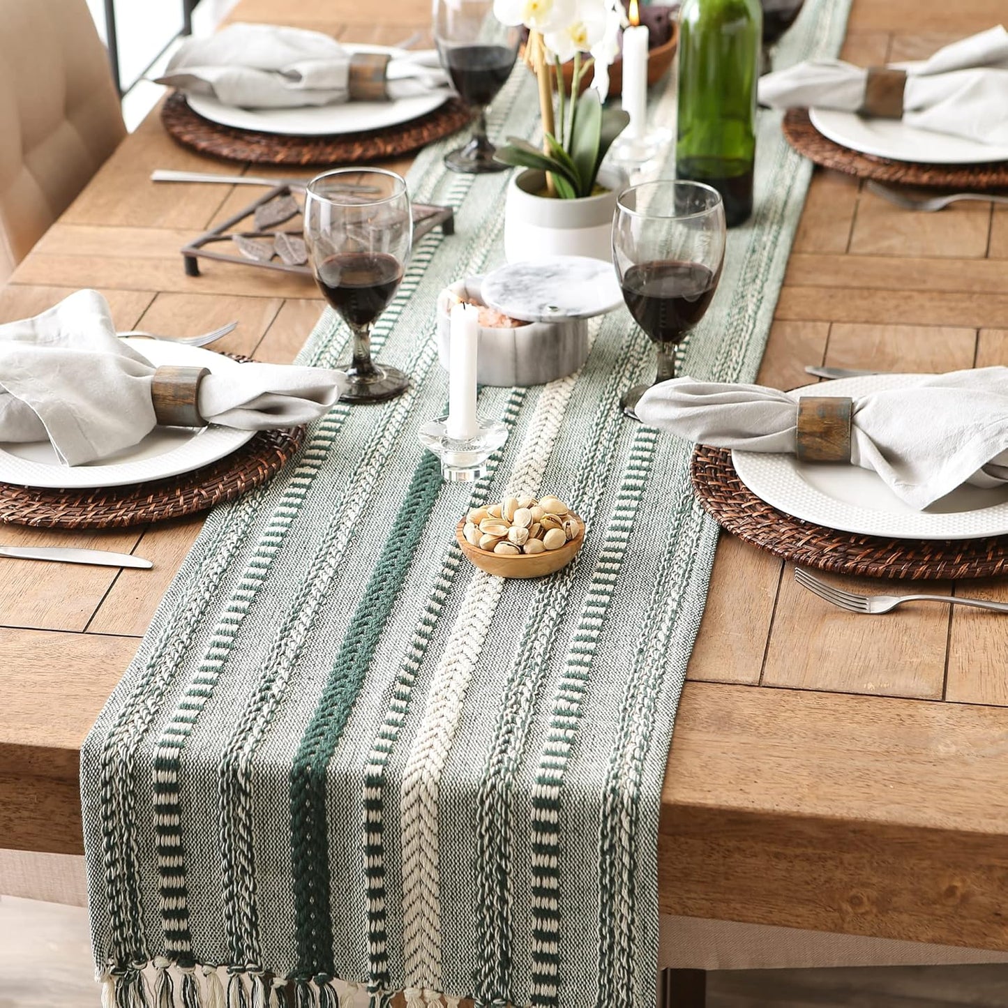 72" Farmhouse Braided Stripe Table Runner - 100% Cotton Woven Runner with Macrame Fringe for 4-6 People