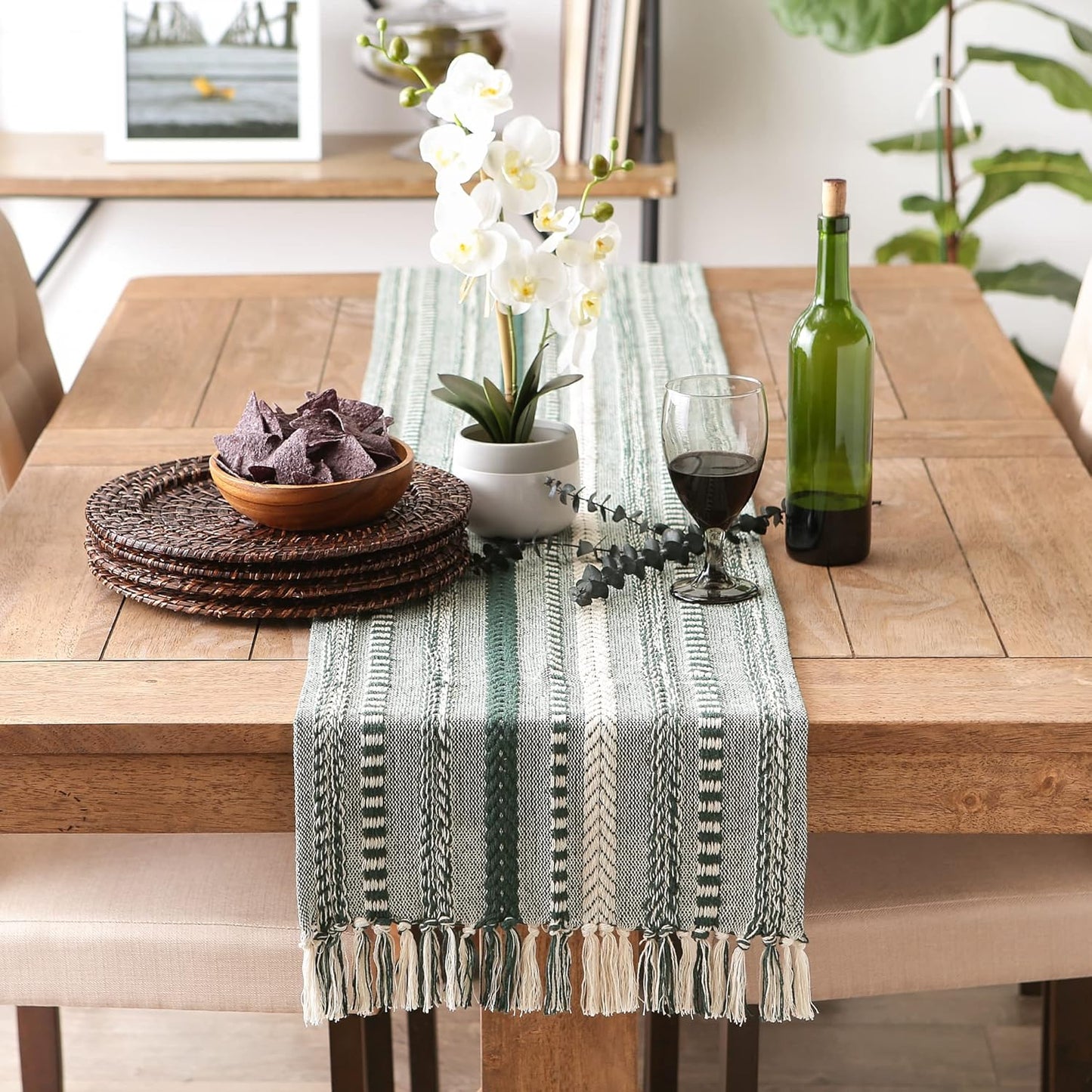 72" Farmhouse Braided Stripe Table Runner - 100% Cotton Woven Runner with Macrame Fringe for 4-6 People