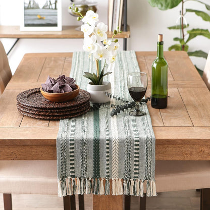 72" Farmhouse Braided Stripe Table Runner - 100% Cotton Woven Runner with Macrame Fringe for 4-6 People