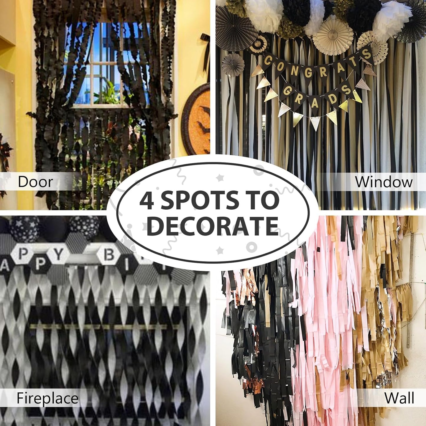 PartyWoo Black Crepe Paper Streamers 4 Rolls 328 ft Pack of Black Crepe Paper for Graduation Halloween New Year Anniversary Birthday Party Decorations (1.8 Inch x 82 Ft/Roll), Black-19