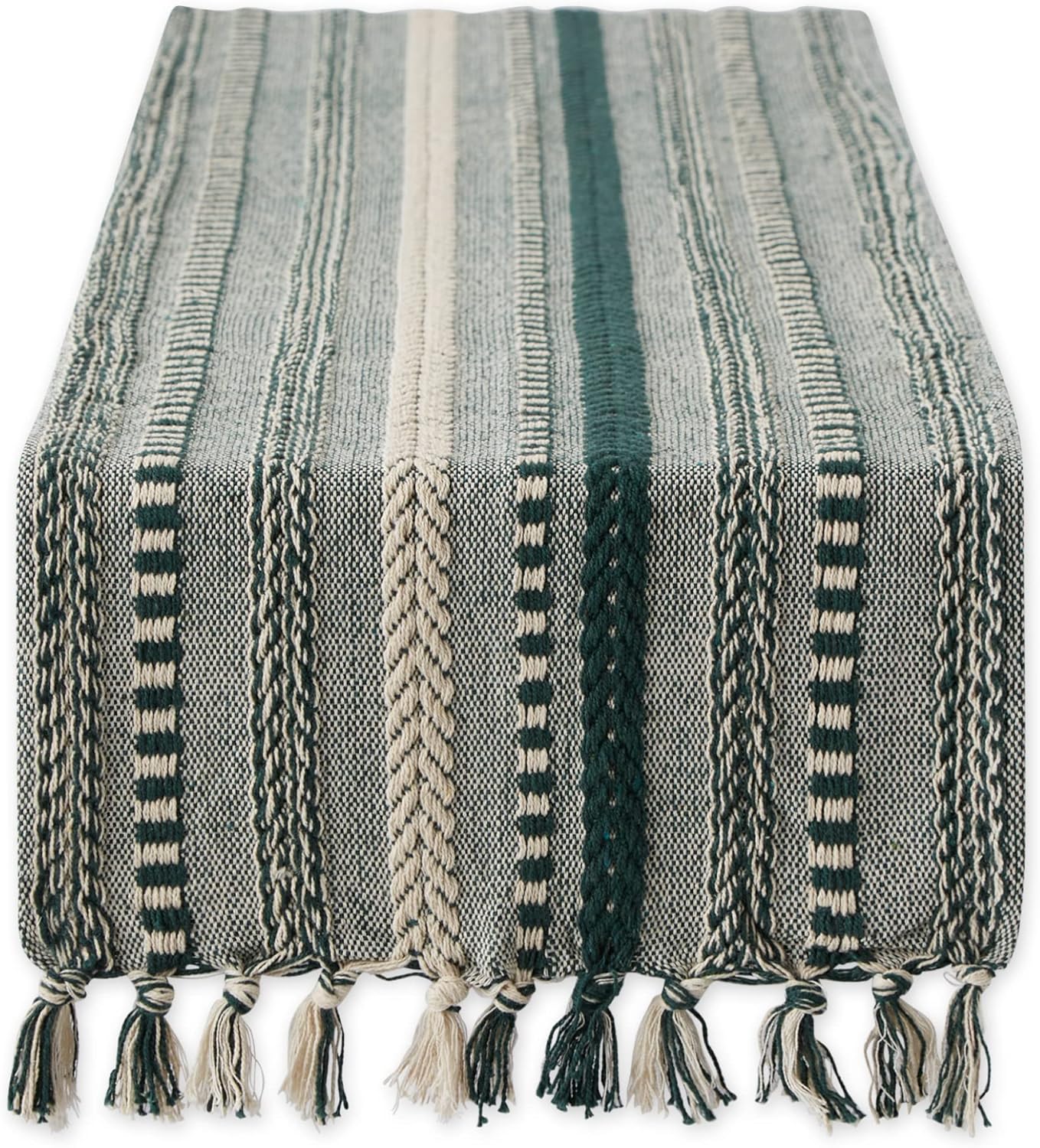 72" Farmhouse Braided Stripe Table Runner - 100% Cotton Woven Runner with Macrame Fringe for 4-6 People