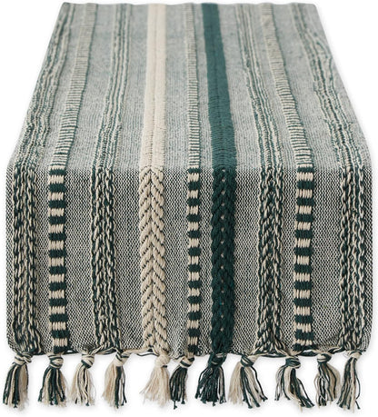 72" Farmhouse Braided Stripe Table Runner - 100% Cotton Woven Runner with Macrame Fringe for 4-6 People