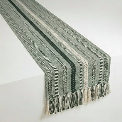 72" Farmhouse Braided Stripe Table Runner - 100% Cotton Woven Runner with Macrame Fringe for 4-6 People
