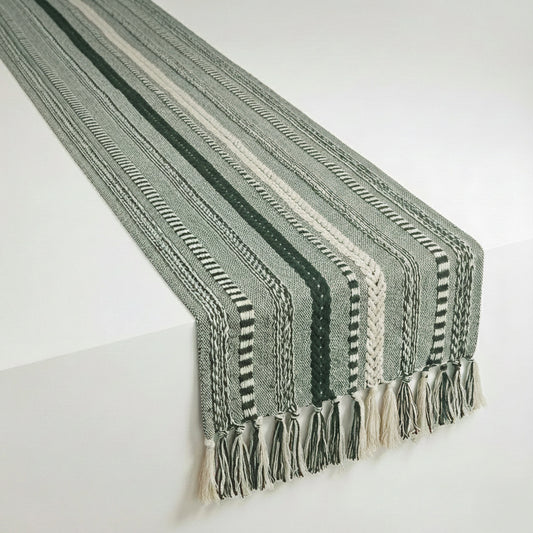 72" Farmhouse Braided Stripe Table Runner - 100% Cotton Woven Runner with Macrame Fringe for 4-6 People