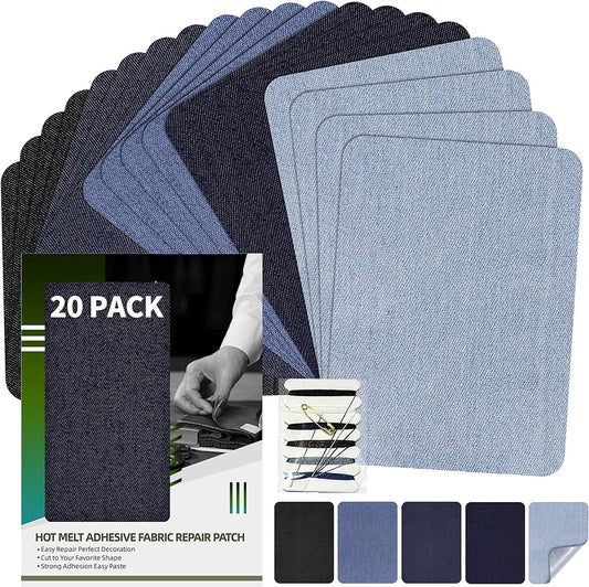 Iron-on Repair Patch 20 Pcs Pack,Denim Patches for Jeans Kit 3" by 4-1/4", 100% Cotton Denim Iron-on Repair Patch,Jeans and Clothing Repair and Decoration Kit