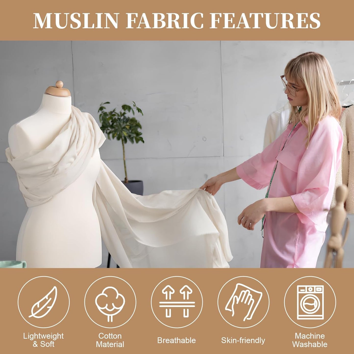 100% Cotton Muslin Fabric, 63 Inch X 2 Yards Unbleached Muslin Linen Fabric by The Yard, Medium Weight Draping Fabrics Suitable for Sewing Embroidery, Garments, Crafts Material-Natural