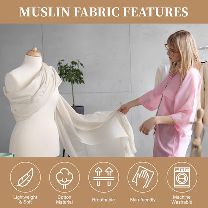 100% Cotton Muslin Fabric, 63 Inch X 2 Yards Unbleached Muslin Linen Fabric by The Yard, Medium Weight Draping Fabrics Suitable for Sewing Embroidery, Garments, Crafts Material-Natural