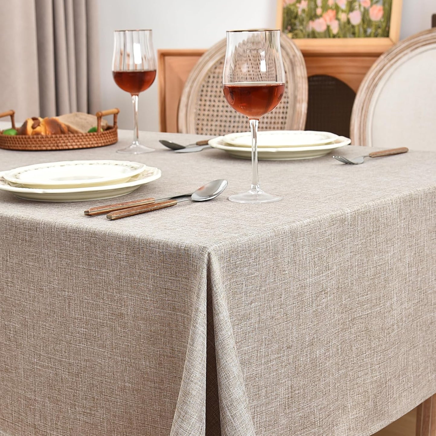 Nature Faux Linen Tablecloths Rectangle 60 x 84 Inch - 2 Pack Neutral Table Clothes for 4-6 Foot Tables, Wrinkle-Proof Faux Burlap Table Cover for Dining, Farmhouse, Outdoor Picnic, Camping