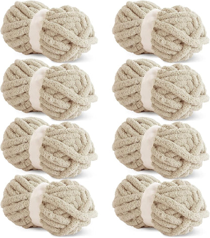 Khaki Chunky Chenille Yarn - Bulky Thick Fluffy Yarn for Crocheting and Knitting Blankets, Soft Plush Yarn, 8 Jumbo Pack