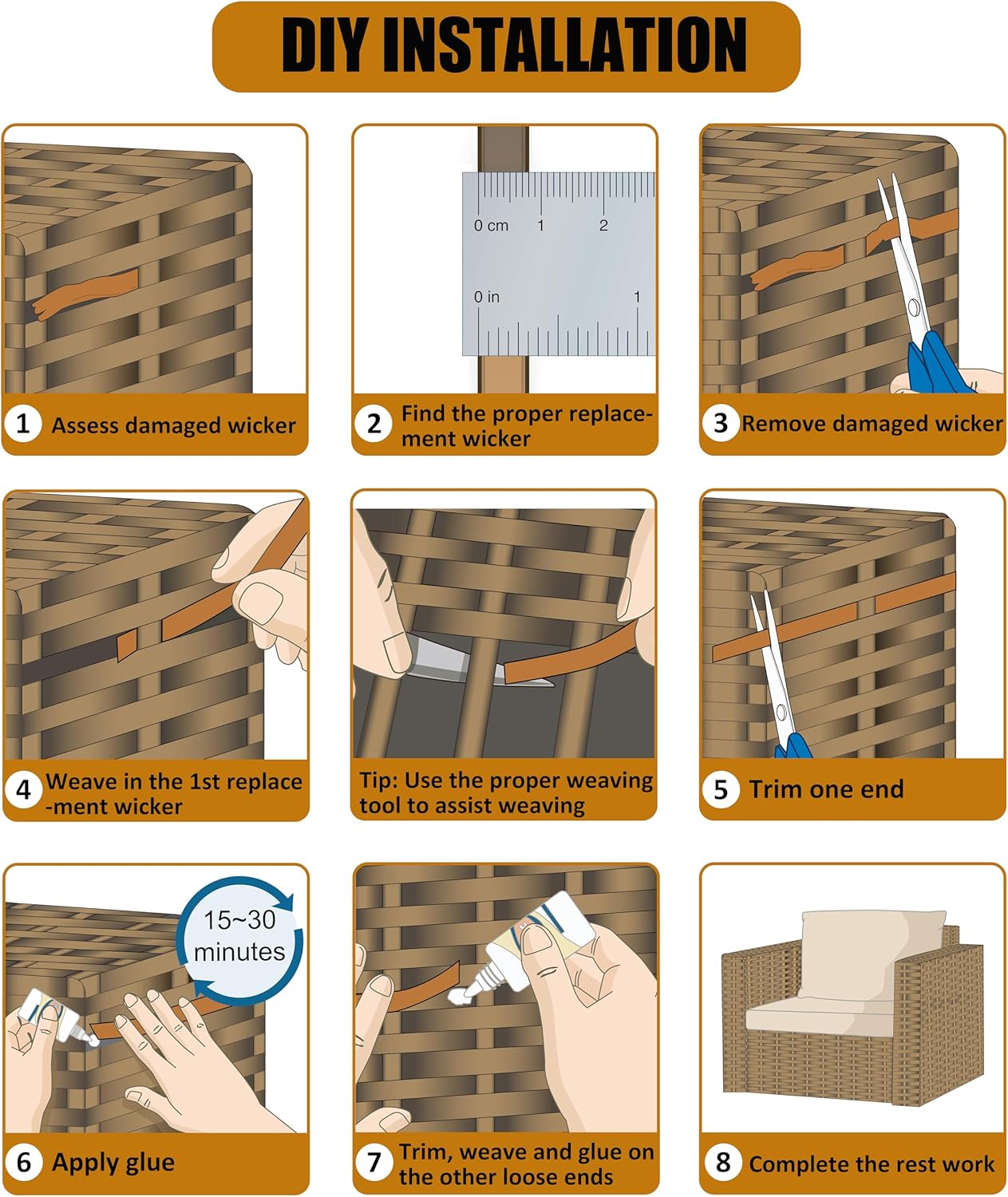 130 Ft Wicker Repair Supplies, Wicker Repair Kit, Plastic Rattan Material for Patio Chair Repair Flat Wicker Furniture Repair Replacement (Light Wood Grain)