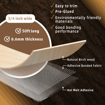 Birch Edge Banding, 3/4 inch x 50ft roll of Veneer Pre-glued Flexible, Real Wood Tape Banding for Cabinet Repair Furniture Restoration
