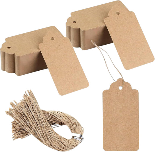 100pcs Gift Tags with String Attached, 2 x 4 inch Kraft Paper Hang Tags for Clothes DIY Crafts Wedding Holiday