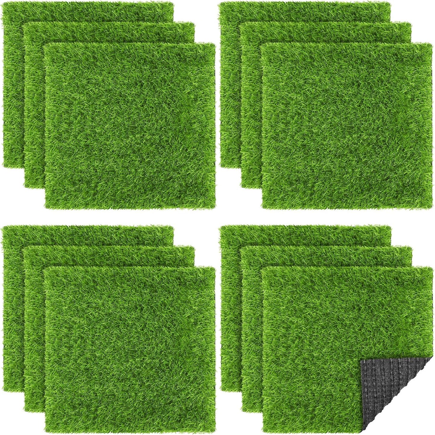 Artificial Grass Mat Set, 12" × 12" Synthetic Turf Squares for Indoor and Outdoor Lawn, Garden, Patio, and Craft Use, 12-Piece, Grass Green