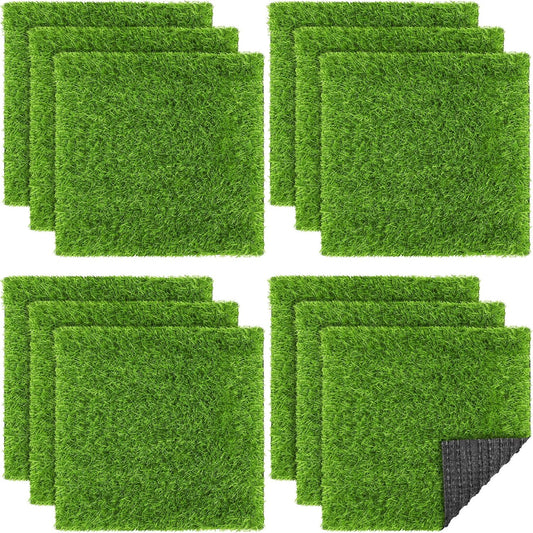 Artificial Grass Mat Set, 12" × 12" Synthetic Turf Squares for Indoor and Outdoor Lawn, Garden, Patio, and Craft Use, 12-Piece, Grass Green