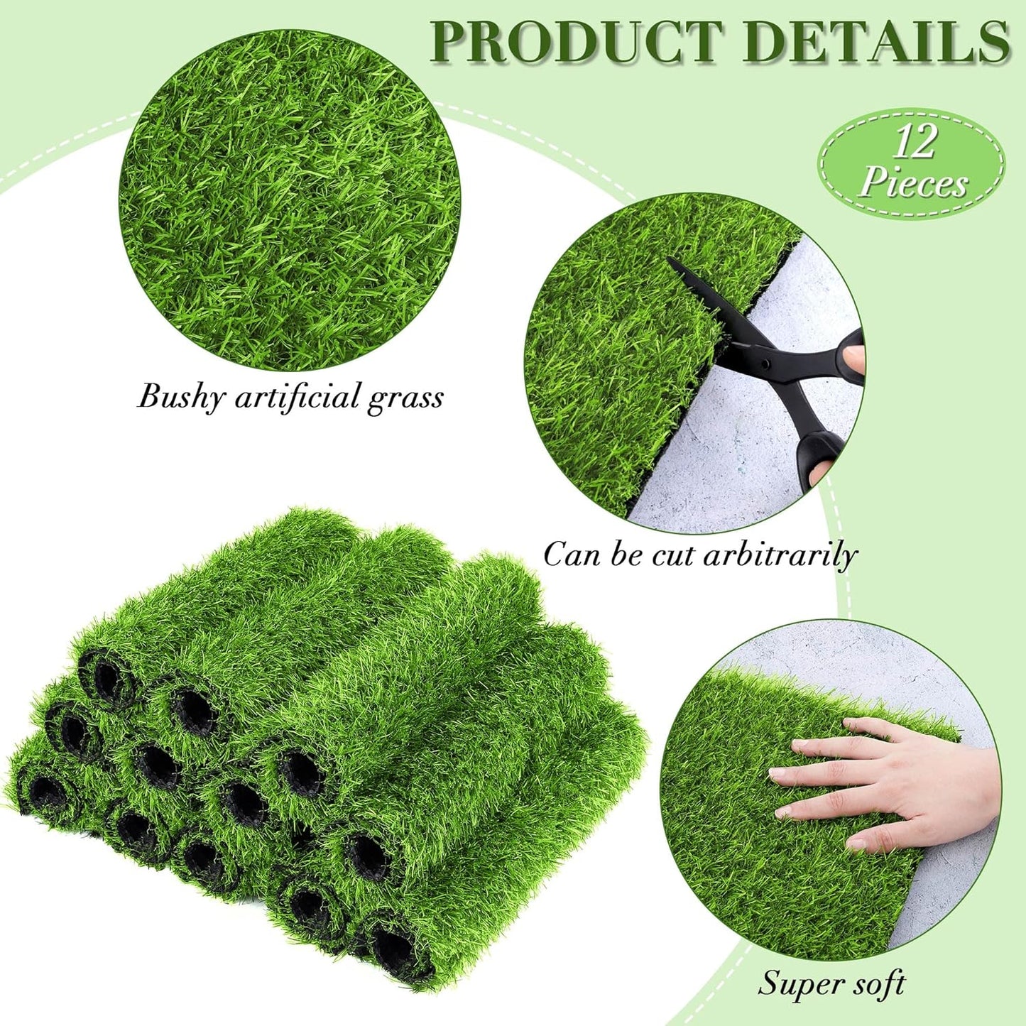 Artificial Grass Mat Set, 12" × 12" Synthetic Turf Squares for Indoor and Outdoor Lawn, Garden, Patio, and Craft Use, 12-Piece, Grass Green
