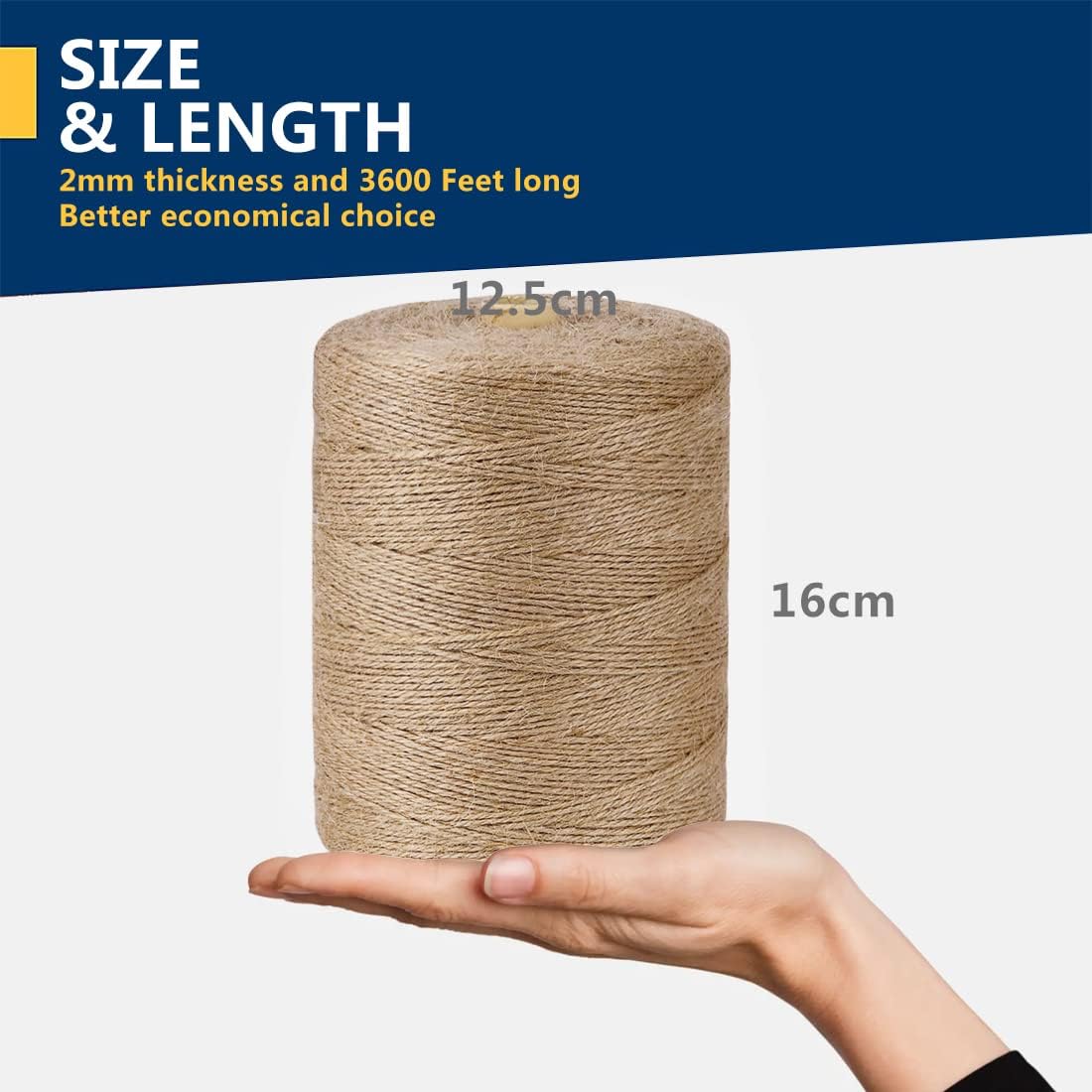 3600ft Natural Bengal Jute Twine - 2mm Heavy-Duty Craft String for Gardening, Gift Wrapping, and DIY Decor (Brown)