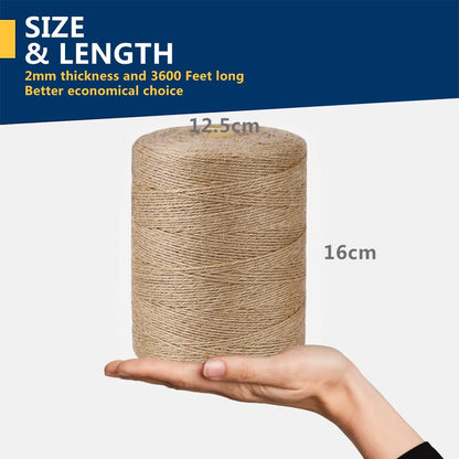 3600ft Natural Bengal Jute Twine - 2mm Heavy-Duty Craft String for Gardening, Gift Wrapping, and DIY Decor (Brown)