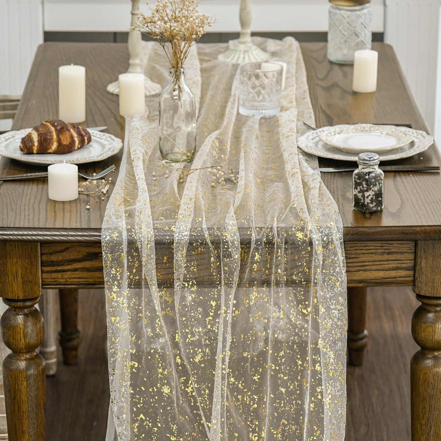 120" Long Glitter Metallic Gold Gauze Table Runner - 28" x 120" Sheer Foil Table Decor for Weddings, Anniversaries, and Holidays