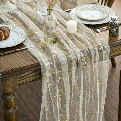 120" Long Glitter Metallic Gold Gauze Table Runner - 28" x 120" Sheer Foil Table Decor for Weddings, Anniversaries, and Holidays