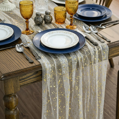 120" Long Glitter Metallic Gold Gauze Table Runner - 28" x 120" Sheer Foil Table Decor for Weddings, Anniversaries, and Holidays
