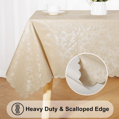 60" x 84" Waterproof Vinyl Tablecloth - Heavy Duty Floral Embossed Table Cover with Scalloped Edges for Kitchen & Dining