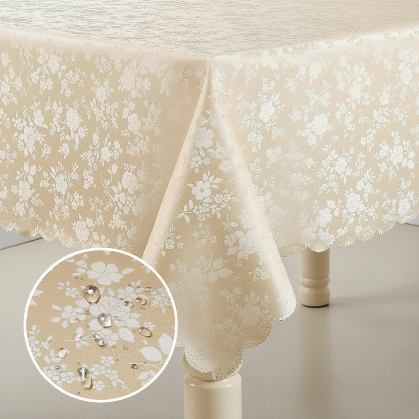 60" x 84" Waterproof Vinyl Tablecloth - Heavy Duty Floral Embossed Table Cover with Scalloped Edges for Kitchen & Dining