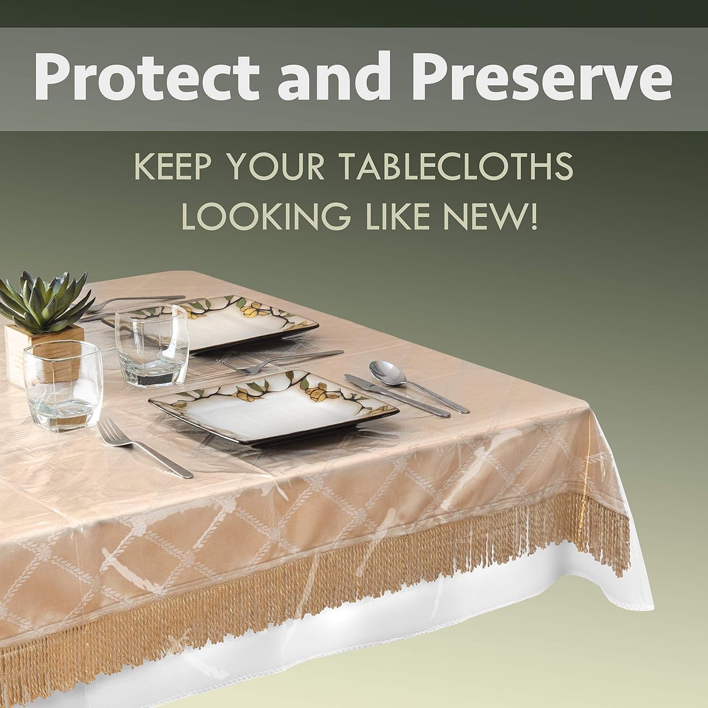 60" x 108" Crystal Clear Plastic Table Cover Protector - 100% Waterproof Heavy Duty Vinyl Tablecloth with Hemmed Border