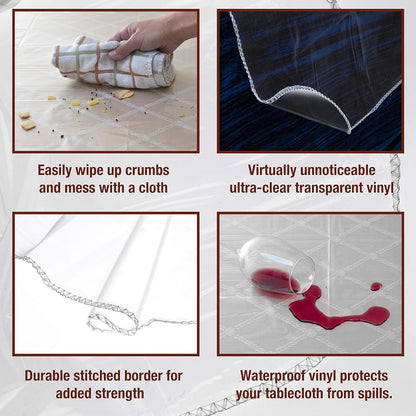 60" x 108" Crystal Clear Plastic Table Cover Protector - 100% Waterproof Heavy Duty Vinyl Tablecloth with Hemmed Border